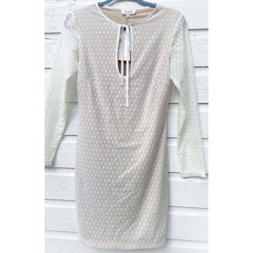 WYLDR Dress M Nude Ivory Polka Dot Stretch Lace Sheer Sleeve Whimsy NEW